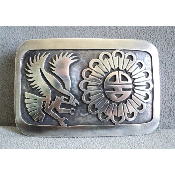 Native American STERLING Silver BELT BUCKLE Eagle SUN FACE Carved Signed SC - Picture 2 of 7